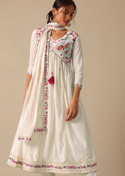 White Resham Embroidered Anarkali Set In Cotton