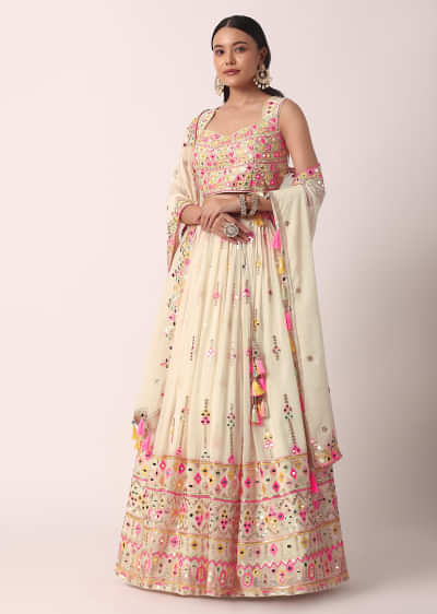 White and pink mirror work lehenga set available only at IBFW