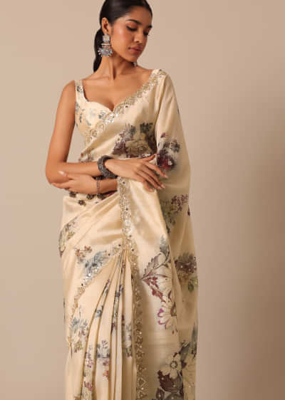 White Tussar Silk Saree With Mirror Scallop Border And Unstitched Blouse Piece