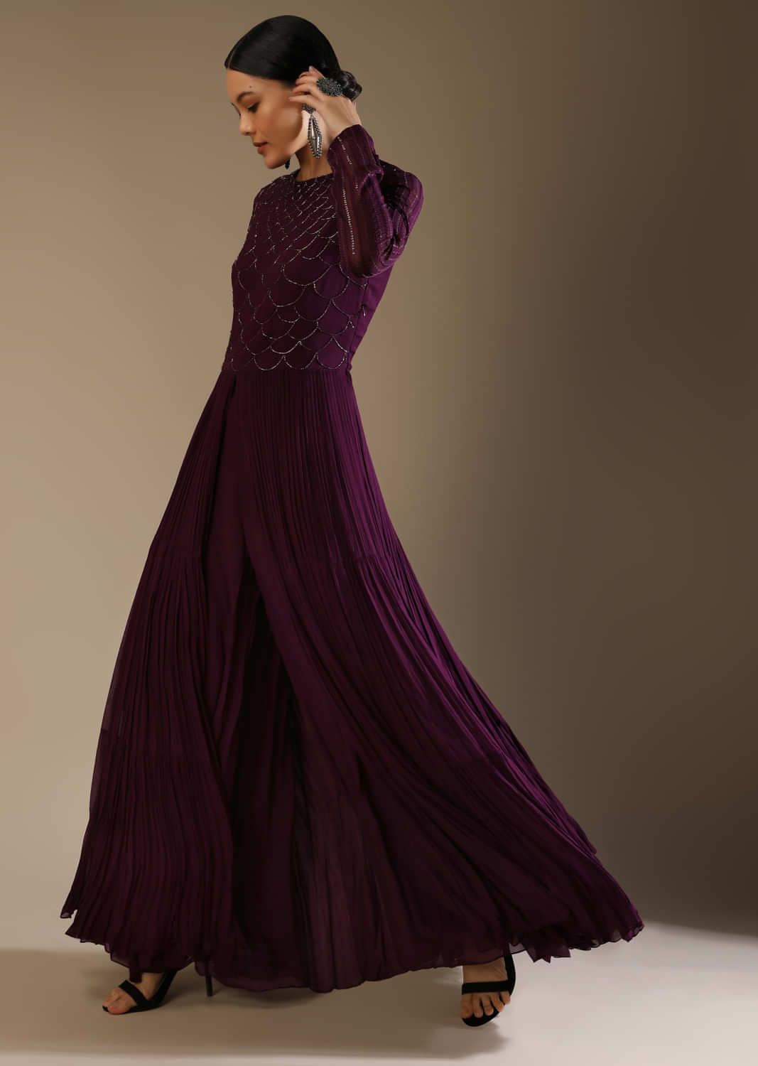 Wine Purple Palazzo Suit With A Long Slit Top Adorned In Cut Dana Work In Scallop Design  