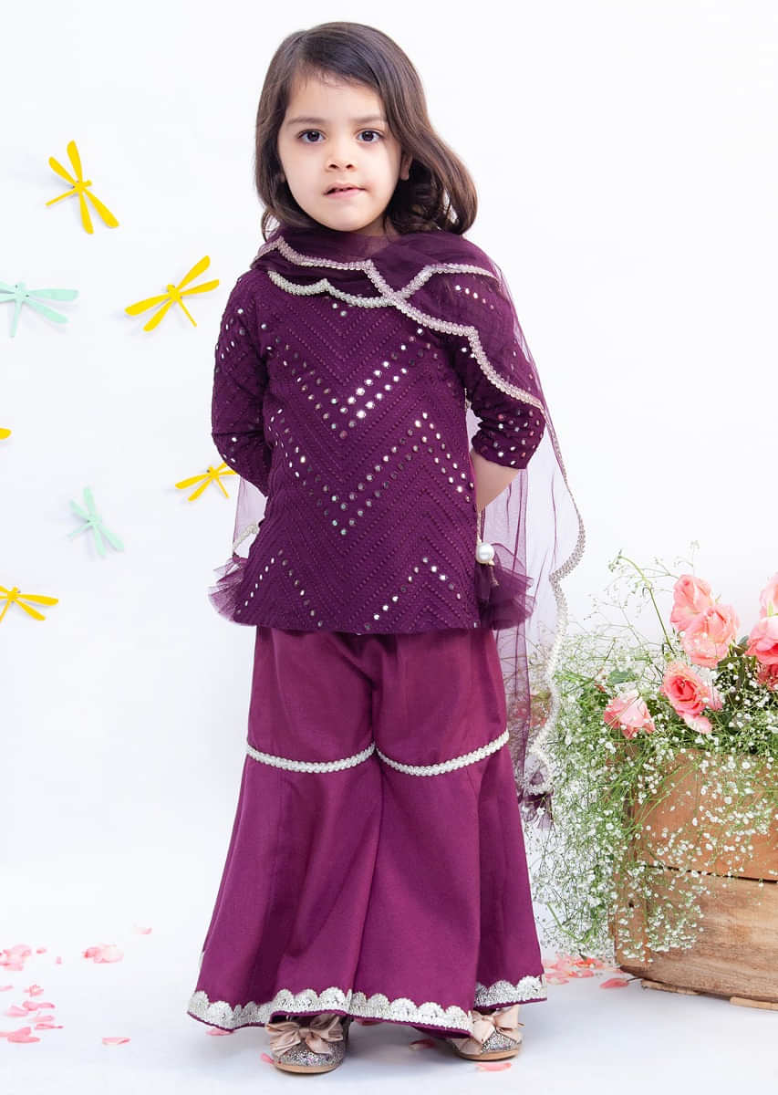 Kalki Girls Wine Sharara Suit With Mirror And Thread Embroidery In Chevron Motif By Fayon Kids