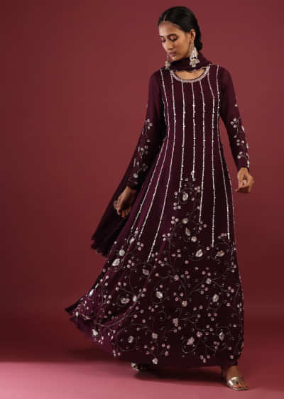 Wine Anarkali Suit In Georgette With multicolored Sequins Embroidered Stripes And Floral Design