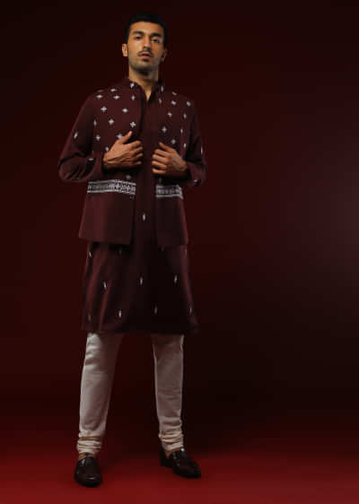 Wine Nehru Jacket Set With Black Resham Aari Embroidered Ethnic Buttis