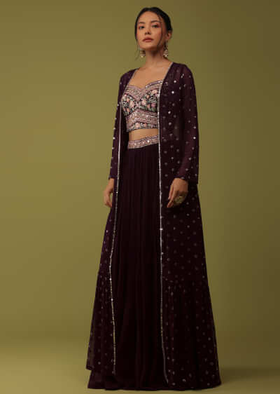 Wine Purple Santoon Crop Top And Palazzo Set With Floral Embroidery