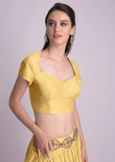 Yellow Blouse With Deep Sweet Heart Neck And Cap Sleeves