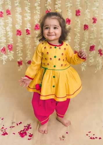 Kalki Girls Yellow Peplum Kurti And Pink Dhoti Set With Butti Embroidery By Tiber Taber
