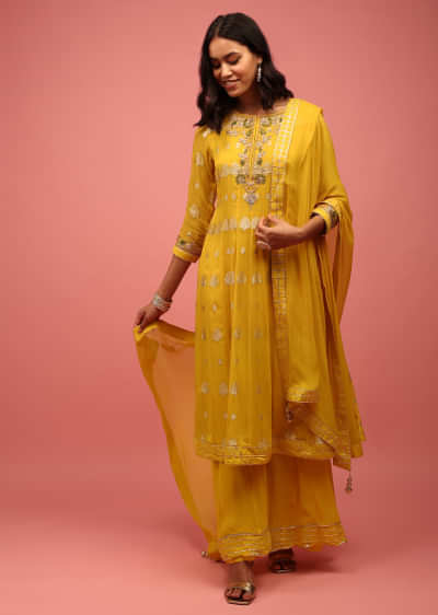 Yellow Anarkali Suit Set In Banarasi Georgette, Embellished With Brocade And Zardosi Work