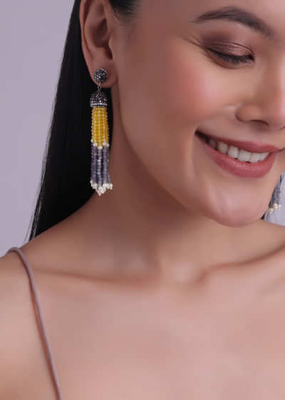 Yellow And Grey Tassel Earrings