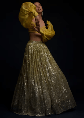 Yellow And Silver Ombre Lehenga Embellished In Sequins And Matching Organza Blouse With Fancy Puffed Sleeves