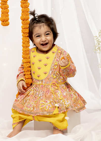 Kalki Girls Yellow Angrakha Set In Cotton With Floral Print And Bead Embroidery By Tiber Taber