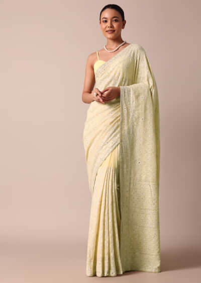 Yellow Chikankari Lucknowi Saree And Unstitched Blouse Piece