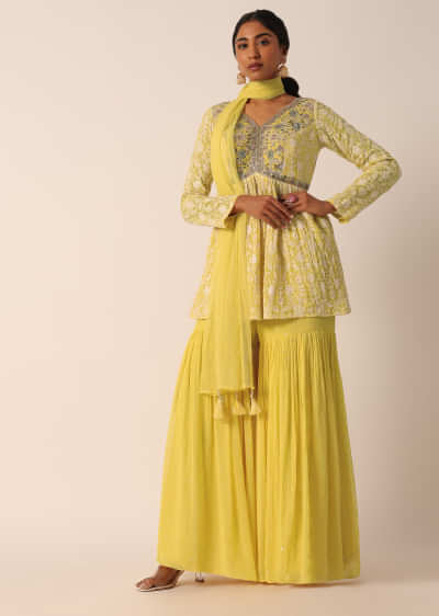 Yellow Chinon Peplum Top And Sharara Set With Lucknowi Embroidery