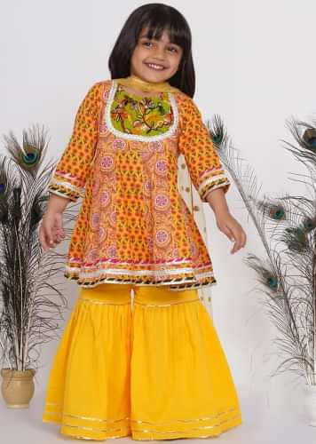 Kalki Girls Yellow Cotton Jaipuri Sharara Suit With Kali Work & Embroidery