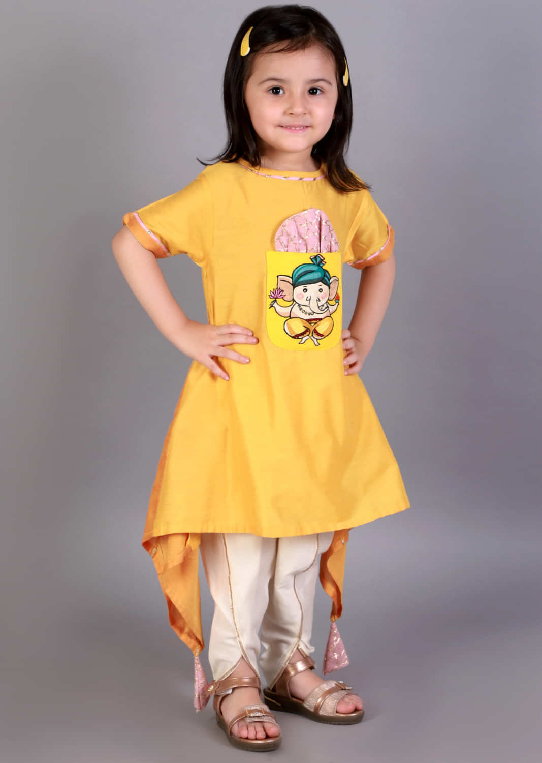 Kalki Girls Canary Yellow Dhoti Kurta Set In Cotton Silk With Embroidery Detailing