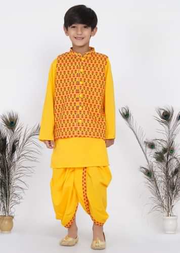 Kalki Yellow Dhoti Kurta Set For Boys In Cotton With Jacket In Floral Print