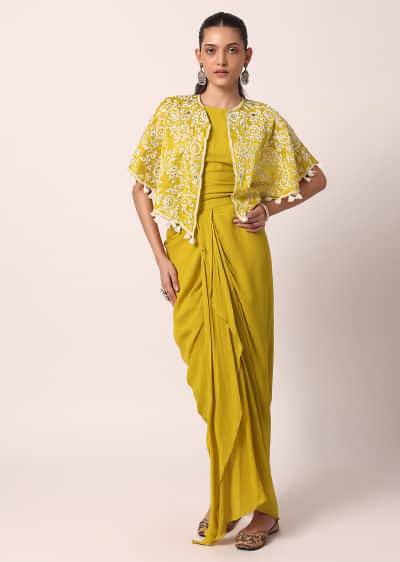 Yellow Dhoti Set With Embroidered Jacket