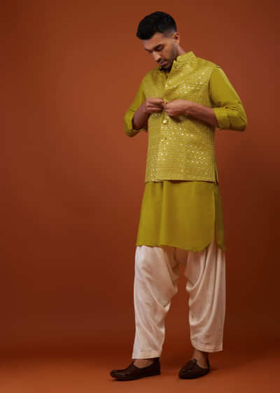 Lime Yellow Embroidered Bandi Jacket Set In Cotton Silk