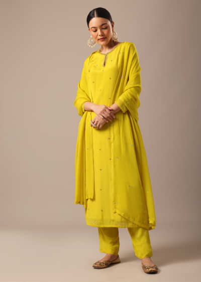 Yellow Readymade Pant Suit With Ruffle Dupatta 3924SL09