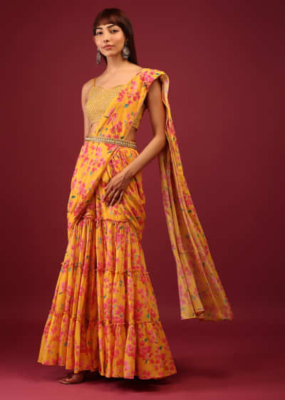 Yellow Floral Print Sharara Saree With Attached Pallu And Embroidered Blouse