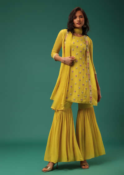Yellow Georgette Sharara Suit Set With Embroidery