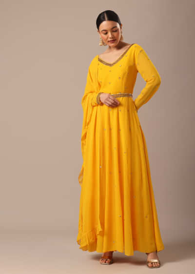 Yellow Embroidered Anarkali Suit Set In Net Latest 4787SL04