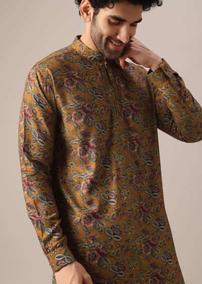 Yellow Kurta Set In Cotton Silk With Multi Color Floral Prints