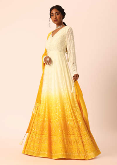 Yellow Lucknowi Hand Worked Anarkali With Dupatta