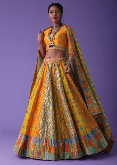 Cyber Yellow Multicoloured Printed Panel Lehenga With Embroidery In Silk