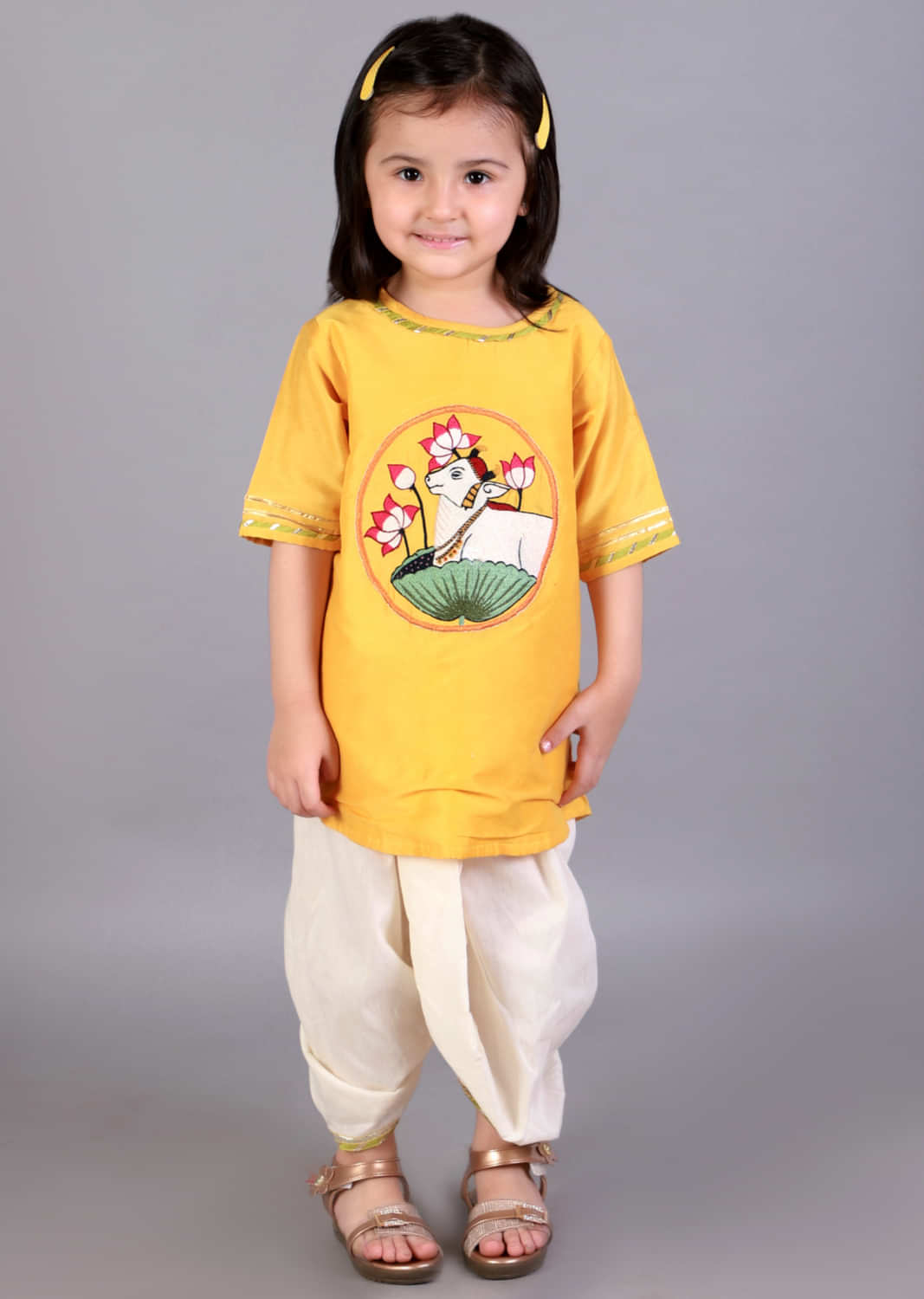 Kalki Girls Yellow Pichwai Embroidered Kurta And Dhoti Set In Cotton Silk