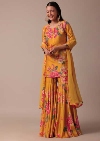Yellow Printed Sharara Set With Sequin Work
