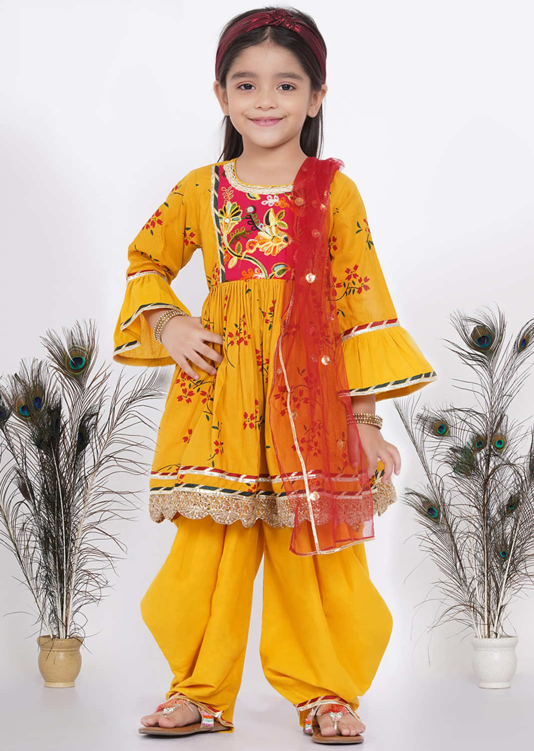 Kalki Chrome Yellow Salwar Suit Set For Girls In Cotton With Floral Print And Dhoti Pants
