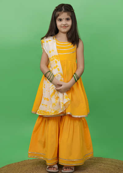 Kalki Girls Yellow Sharara Suit In Cotton With Gotta Patti Embroidery And A Tie Dye Dupatta By Tiber Taber