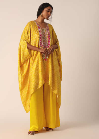 Yellow Silk Pant Set With Bandhani Detail And Mirror Work