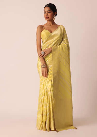 Yellow Striped Tissue Silk Saree with Unstitched Blouse Piece