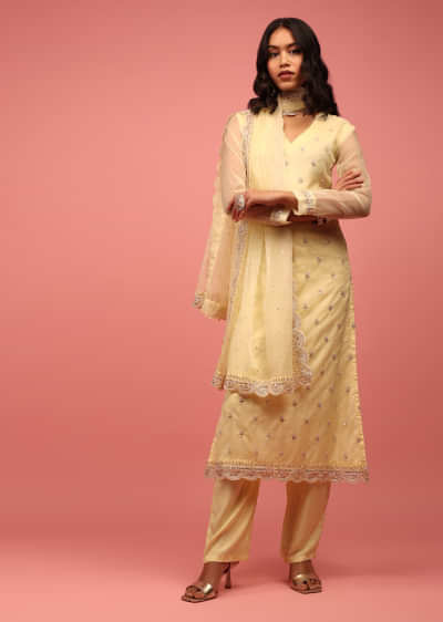 Yellow Trouser Suit Set Fully Hand-Embellished In Organza With Cut Dana And Moti