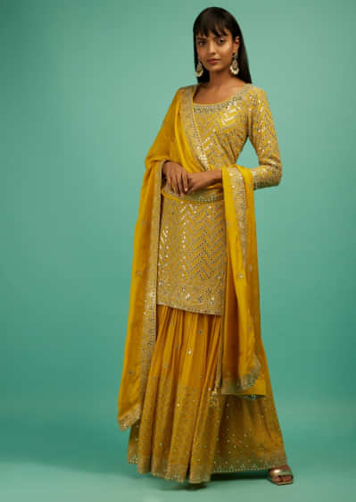 Yolk Yellow Sharara Suit In Crepe Silk With Zari And Mirror Embroidered Chevron Jaal  