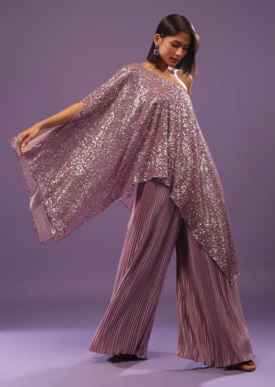 Lilac Purple Palazzo Top Set In Sequins And Pleated Satin