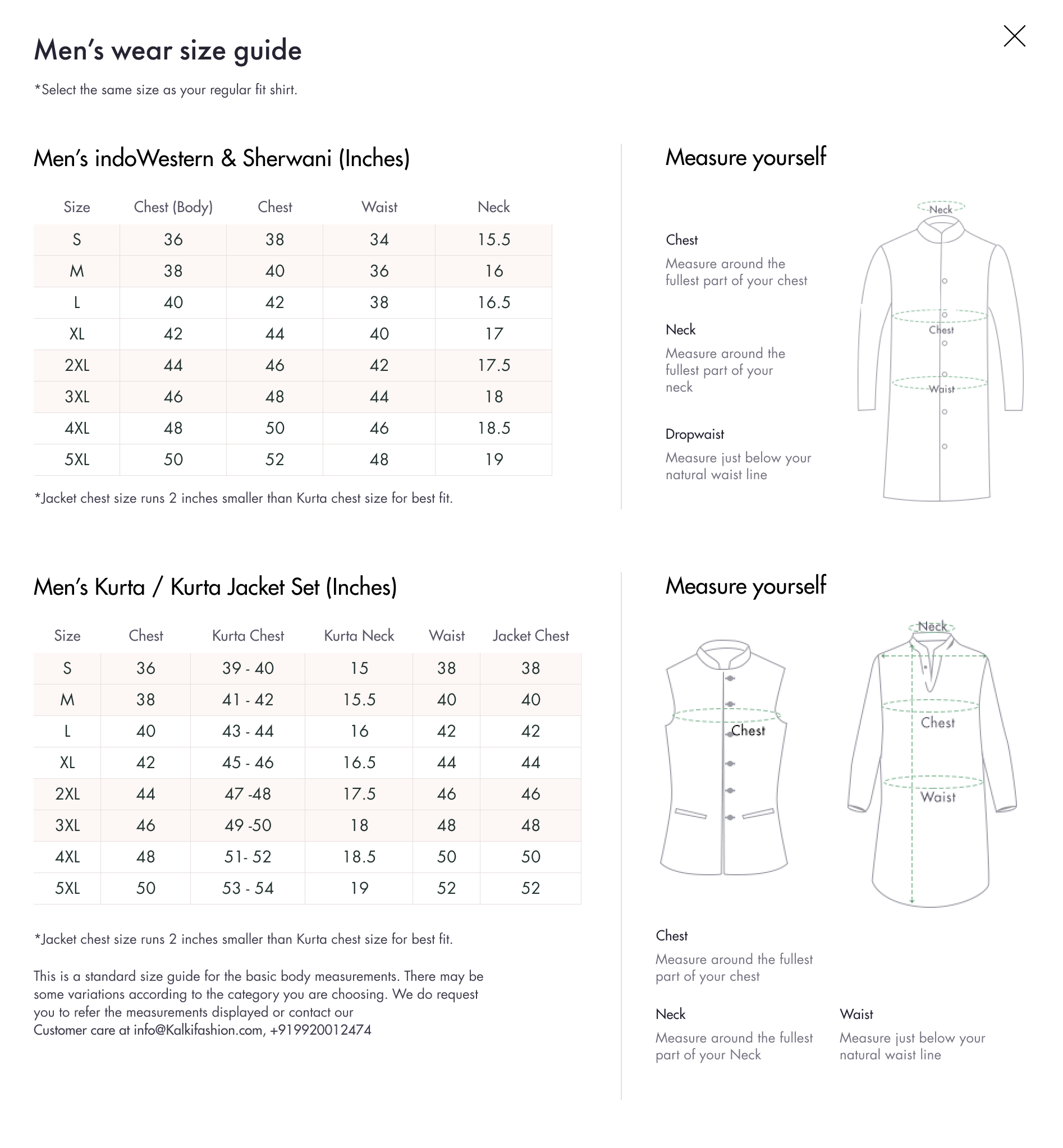 Clothing online size chart & guide for women & men